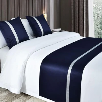 Image of QRGMKL Silky Soft Bed Runners and Matching Cushions Solid Color Scarf Runner for Foot of Contrast Bedspread Hotel Bedding Protector Dark Blue210X50cm 1.5m
