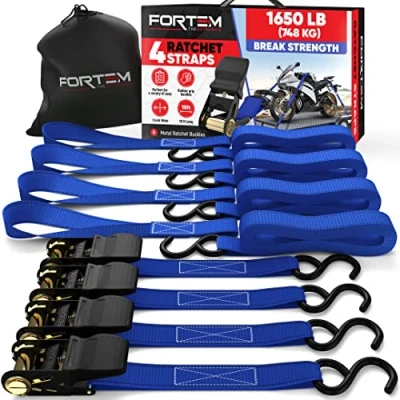 Image of FORTEM Ratchet Tie Down Straps, 4X 4.6m Securing Soft Loops 748kg Break Strength, Rubber Coated Metal Handles, Plastic Hooks, Carrying Bag (Blue)