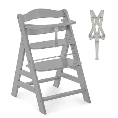 Image of hauck Alpha+, Grey Wooden High Chair 6 Months to Adult Sustainable FSC® Certified Beechwood Toddler Feeding and Entertainment Chair, Inclusive 5 Point Harness Bumper Bar Crotch Strap