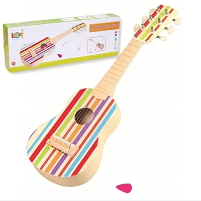 Image of Lelin Wooden Striped Decor Guitar Children Toddler Musical Instrument Pretend Play Music Toy Interactive Role Game Early Developmental Gift for Kids Boys Girls Ages 3 year old +