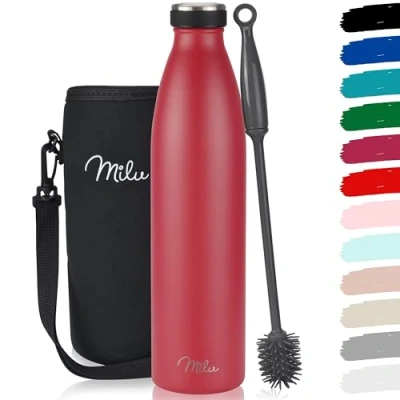 Image of Milu Stainless Steel Drinking Bottle 350ml, 500ml, 750ml, 1L, 1,5L Thermo Bottle, Insulated Water Leak Proof Double Walled, Carbonated incl. Cleaning Brush (Red, 750ml)