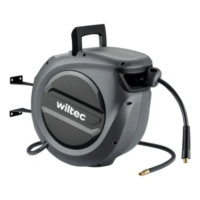 Image of Wiltec Air Hose Reel 20 m, with Housing Made of Robust PP Material, Comes Tool Free Locking Mechanism, Includes 180 Swivelling Bracket and Mounting Screws for Easy Installation