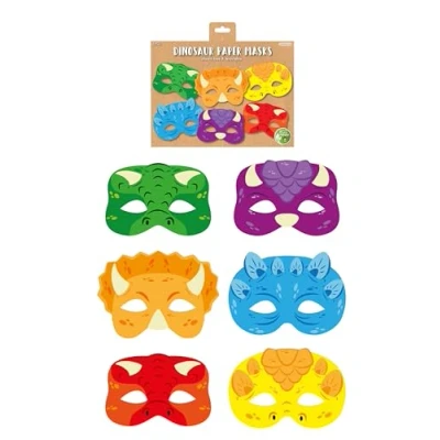 Image of HENBRANDT 1 x Dinosaur Paper Party Masks for Kids Pack of 12 Dino Face Fancy Dress Costume Birthday Loot Bag Filler Favours Boys and Girls