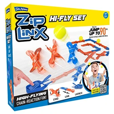 Image of John Adams ZipLinx Hi Fly Set: high flying chain reaction fun! Jumping Domino Action and Tile Games Ages 6+,Yellow