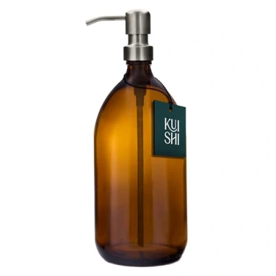 Image of Kuishi Amber Glass Pump Bottle with Stainless Steel [1000ml, Silver Pump], Soap Dispenser Refillable Brown Bottles Ideal for Handwash, Shampoo, Conditioner, Shower Gel(BPA Free)