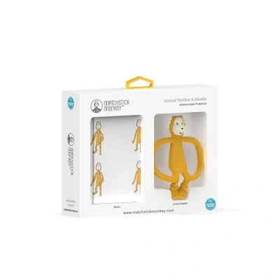 Image of Matchstick Monkey, Antimicrobial Teether &amp; Muslin Gift Set 1 Animal Teether, Soft 100% Organic Cotton Muslin, Ludo Lion