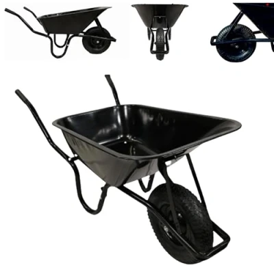 Image of 90 Litre 150kg Capacity Heavy Duty Outdoor Galvanised Pneumatic Metal Garden Wheelbarrow in Black