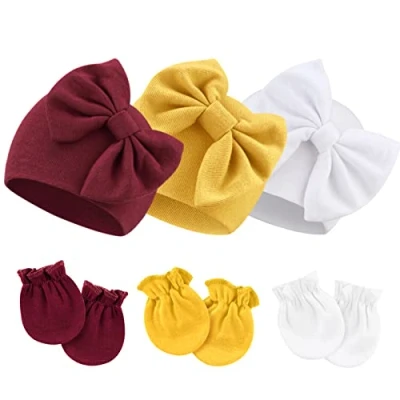 Image of DRESHOW Newborn Baby Hats Mittens Set Hospital Hat Beanie Infant Bow Cotton Gloves No Scratch for 0 6 Months