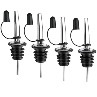 Image of Stainless Steel Oil Pourers, Bottle Pourers for Spirits, 4Pack Freeflow Liquor Spirits Pourer, Suitable Olive Coffee Syrup Vinegar Bottles, Tapered Spout with Rubber Dust Caps