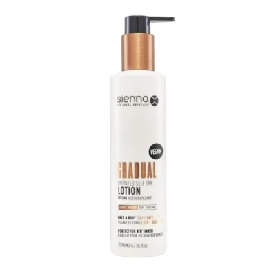 Image of Sienna X Untinted Gradual Self Tan Lotion 200ml. For A Natural, Glowing, Streak Free Tan. Vegan Moisturiser with Anti Cellulite Formula. Quick Drying And Non Sticky Coconut Scent.