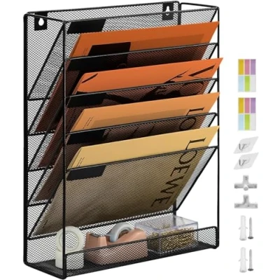 Image of PLSOPPKG 6 Tier Hanging wall File Holder Magazine Document A4 Mesh pocket Organiser Mail Storage Rack,Durable Desktop Organizer Black