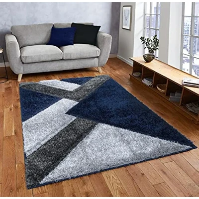 Image of Nova Rug, Mordern Polypropylene Soft Shaggy Washable Carpet, Anti Slip Rectangular Geometric Water Absorbent Durable Area Rug for Living Room Indoor Blue Grey, 160x230
