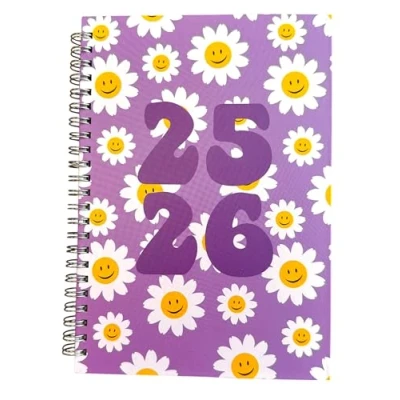Image of 2025 2026 Academic Diary Planner A5 Hardback, Week to View, Spiral Bound, Assorted Designs (Smiley Flowers)