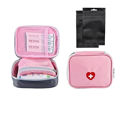 Image of SwirlColor Mini First Aid Pouch Portable Pill Organiser Easy Carry Empty Medicine Container with Multi Pocket for Travel 5.1 * 3.9 1.57inch Pink