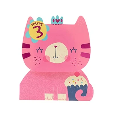 Image of UK Greetings 3rd Birthday Card For Her/Girl With Envelope Pink Cat Shaped Design