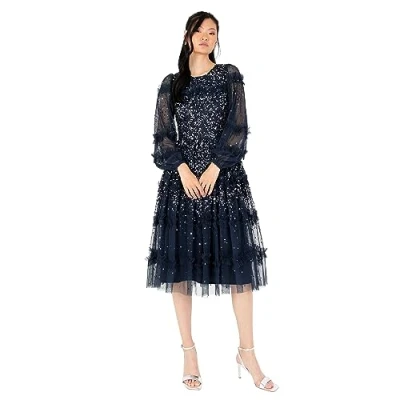 Image of Maya Deluxe Women&#039;s Midi Dress Ladies Long Sleeve Sequin Embellished Ruffle for Wedding Guest Bridesmaid Occasion Evening Ball Gown, Navy, 14