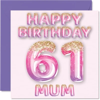 Image of 61st Birthday Card for Mum Pink &amp; Purple Glitter Balloons Happy Cards 61 Year Old Mother from Son Daughter, 145mm x Bday Greeting Gift