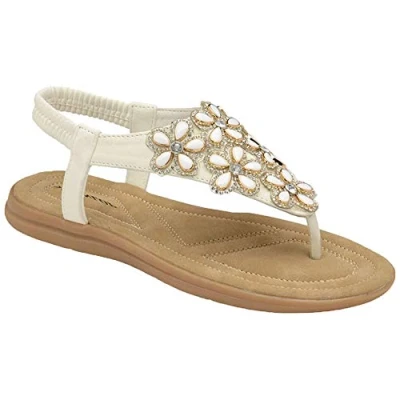 Image of DUNLOP Ladies Women&#039;s Summer Folk Round Clip Toe Sandals Beach Flip Flops Flat Elastic T Strap Post Thong Shoes (7 UK, White.)