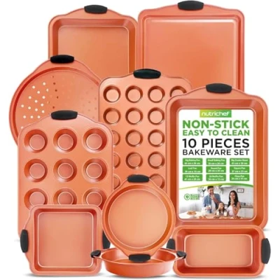Image of NutriChef 10 Piece Non Stick Baking Pans Set Premium Nonstick Carbon Steel Oven Bakeware Includes Cookie Sheets, Muffin &amp; Cake Pans, Pizza Crisper, Roasting w/Silicone Handles Copper