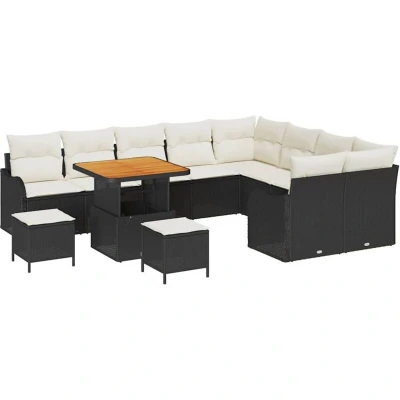 Image of Vidaxl 12 Piece Garden Sofa Set with Cushions Black Poly Rattan Acacia
