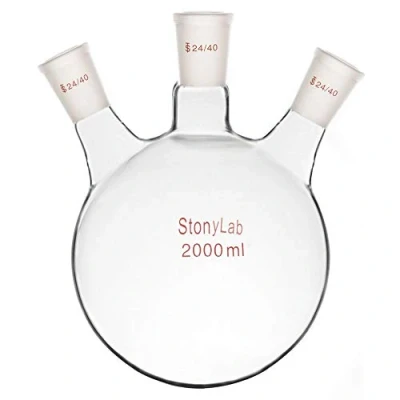 Image of StonyLab Borosilicate Glass 3 Neck Round Bottom Flask RBF, with 24/40 Center and Side Standard Taper Outer Joint (2L)