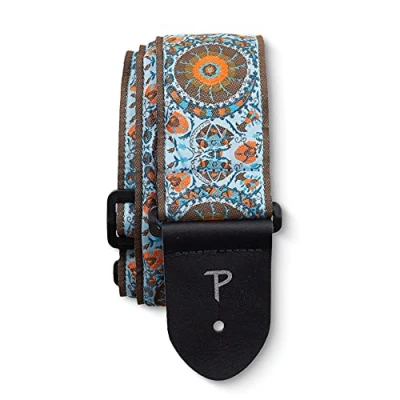 Image of Perri’s Leathers Ltd. Guitar Strap Nylon Jacquard Mandala Blue/Orange Adjustable For Acoustic/Bass/Electric Guitars Made in Canada (TWS 7143)