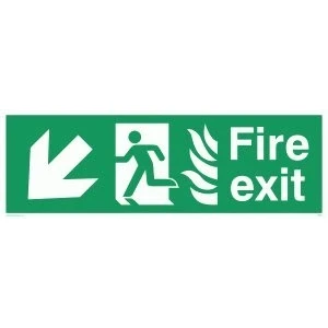 Image of Viking Signs SG697 L62 V &quot;Fire Exit&quot; Running Man Left Angel Down Arrow Sign, Vinyl, 200 mm H x 600 W