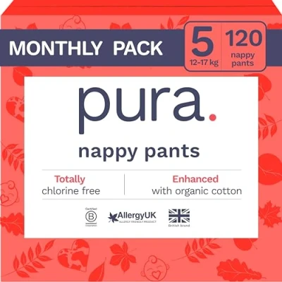 Image of Pura Eco Nappy Pants Size 5 (12 17kg), 6 x 20 Nappies (120 Total), Pull Up Disposable Baby for Sensitive &amp; Allergy Prone Skin, Hypoallergenic, Fragrance Free, Easy Tear Side, New Guide