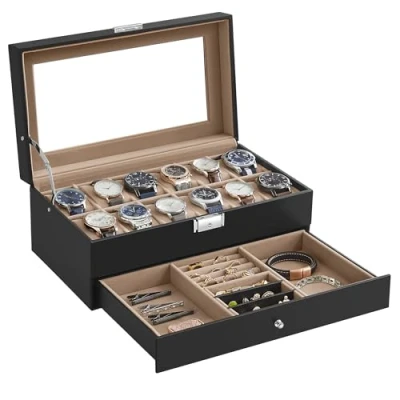 Image of SONGMICS Watch Box, Case with Glass Lid, 2 Tier Display for 12 Watches, Lockable, 1 Drawer, Rings, Bracelets, Gift Idea, Black Synthetic Leather, Greenish Beige Lining JWB012