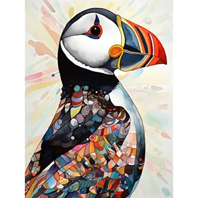 Image of Artery8 Multicolour Pattern Feather Puffin Bird Folk Art Unframed Wall Print Poster Home Decor Premium