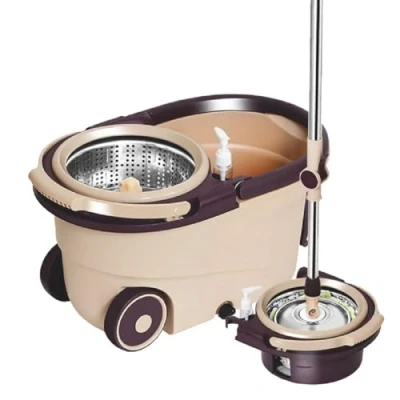 Image of JUNYFFF Spin Mop And Bucket Set, Floor Mops with 5 Reusable Pads &amp; 122Cm Stainless Steel Adjustable Handle, Microfiber Buckets Sets for Cleaning Hard Wood Tile Floors,Coffee Color