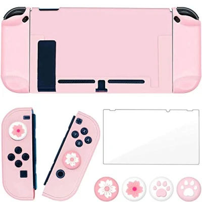 Image of OLDZHU Pink Dockable Protective Case Cover Compatible with Nintendo Switch Joy Con Controllers,with Glass Screen Protector and 4 Thumb Grips,Shock Absorption Anti Scratch (Pink)