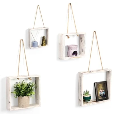 Image of Belle Vous 4 Pack of Wooden Floating Wall Mounted Shelves Sizes Square Hanging Cube Display for Living Room, Bedroom, Kitchen, Bathroom &amp; Home Decor