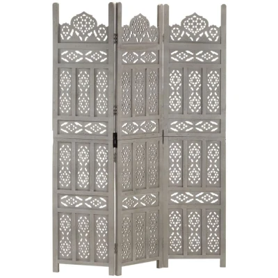 Image of vidaXL Hand carved 3 Panel Room Divider Grey 120x165 cm Solid Mango Wood
