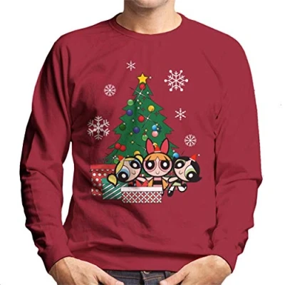 Image of Cloud City 7 Powerpuff Girls Around The Christmas Tree Men&#039;s Sweatshirt Cherry Red