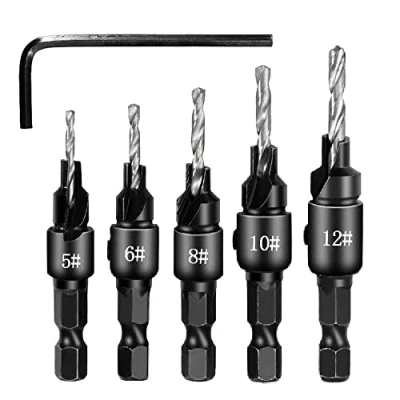 Image of 5 Pcs Countersink Drill Bit Set 1/4&quot; Hex Shank Hole Saw Woodworking Tools with One Wrench Bits for Wood Drilling