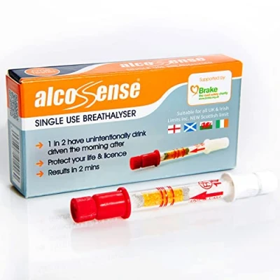 Image of AlcoSense UK Single Use Breathalyser Supplied to Several Police Forces for Road Safety Alcohol Awareness and Drink Drive Campaigns Breathalyzer Works with all UK, Scottish Irish Limits