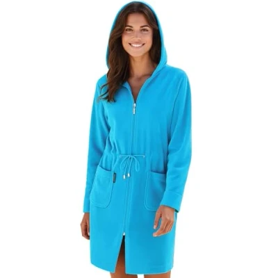 Image of Morgenstern Women&#039;s Dressing Robe Zip Up with Hood, Short Length, Lightweight Turquoise Size Medium