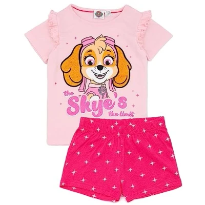 Image of Paw Patrol Girls Pyjama Set Pink Short Sleeve T Shirt and All Over Print Shorts PJs for Kids Skye The Rescue Pup Frill Shoulder Nightwear TV Series Sleepwear Gift Children &amp; Toddlers