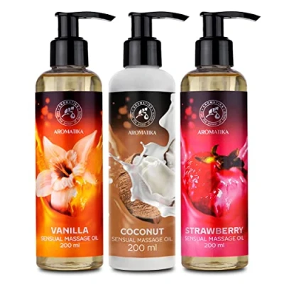Image of Sensual Massage Oil Vanilla &amp; Coconut Strawberry 3x200ml Edible Kissable Blend of Almond and Grapeseed Oils Relaxing Body Aromatherapy