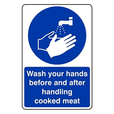 Image of 150mmx200mm Wash Your hands Before and After Handling Cooked Meat Catering Sign Rigid Plastic