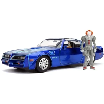 Image of Jada Toys 253255022 Henry Bower&#039;s IT 1977 Pontiac Firebird Toy Die Cast Includes Pennywise &amp; Zombie Figure, Car, Doors, Boot + Opening Bonnet, 1:24, Blue