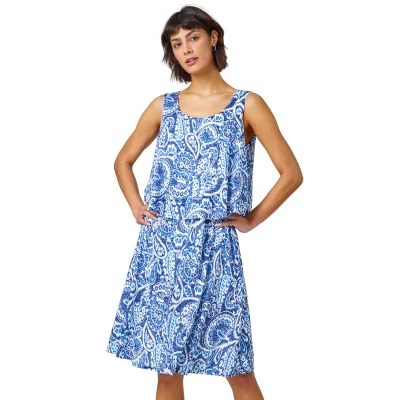 Image of Roman Sleeveless Paisley Print Overlay Dress for Women UK Ladies Spring Everyday Summer Holiday Round Neckline Comfy Soft Fit &amp; Flare Frock Vacation Gowns Blue Size 12