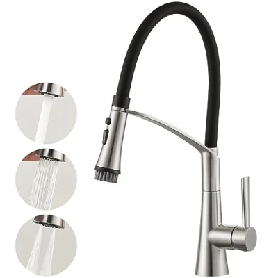 Image of CREA Kitchen Tap, Mixer Tap with Pull Down Dual Function Sprayer, 360 Swivel Sink Black Silicone Hose, Single Lever for Sink, Stainless Steel
