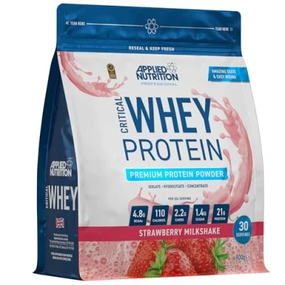 Image of Applied Nutrition Critical Whey Protein Powder 900g High Powder, Milkshake, Muscle Building Supplement with BCAAs &amp; Glutamine (900g 30 Servings) (Strawberry)