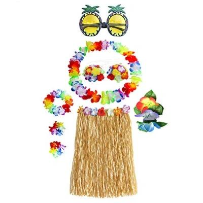 Image of 8 pcs Hawaiian Skirt Set, Hula Grass Flower Bracelets Headband Necklace Hibiscus Hair Clip,Long Hawaii for Adults, Party Fancy Dress Costume