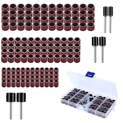 Image of 150 Pieces Drum Sander Set, Including 144 Nail Sanding Band Sleeves(80 / 120Grit) and 6 Mandrels for Dremel Rotary Tool. Used Polishing Woodworks Resin Jewelry