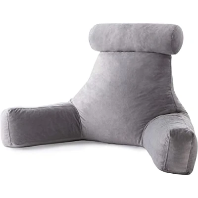 Image of Linenspa Shredded Foam Reading Pillow with Neck Support Extra Large Design for Adults Perfect Back While Relaxing, Gaming, Reading, or Watching TV Soft Velour Cover, Stone