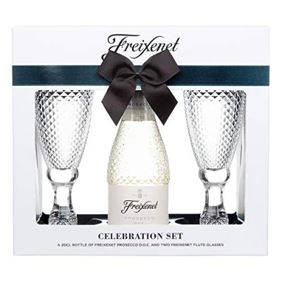 Image of Prosecco Gift Set, Contains 1 x 20cl Extra Dry Sparkling Wine &amp; Two Cut Glass Flute Glasses, Great Birthday Gifts for Women, Christmas Stocking Fillers Set By Blue Tree Gifts.