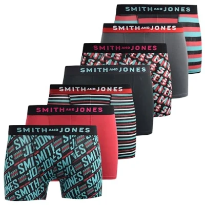Image of SMITH &amp; JONES mens boxers multipack of 7, stretch cotton men’s boxer shorts, comfortable underpants for men, colourful and black underwear trunks, multi pack man briefs(M, Taden, Red)